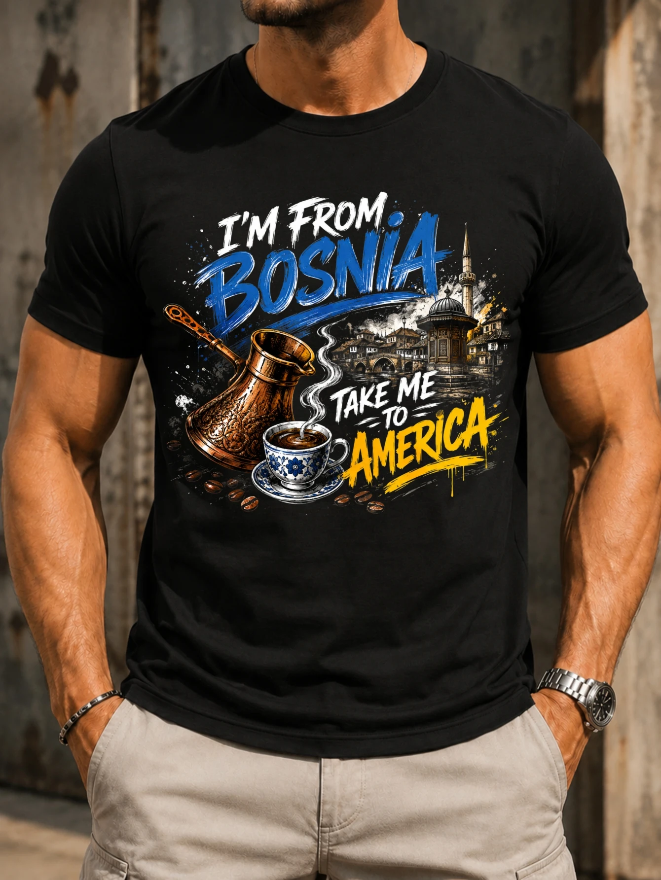 m From Bosnia Take Me To America copper coffee pot steaming cup old town skyline and bold brush  Unisex All T-Shirt
