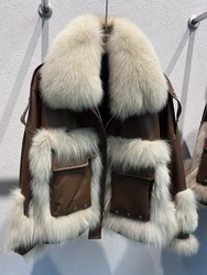 2024 New Fashion cappotto con collo in pelliccia di volpe naturale giacca in vera pelle di montone da donna cappotti femminili di lusso larghi caldi