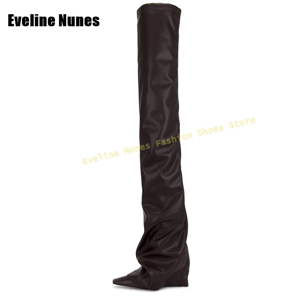 ساحة تو إسفين مطوي المنصة الأحذية 2025 الخريف الشتاء الوافدين الجدد الصلبة سحب على فتاة حار فوق الركبة الأحذية حجم كبير #5