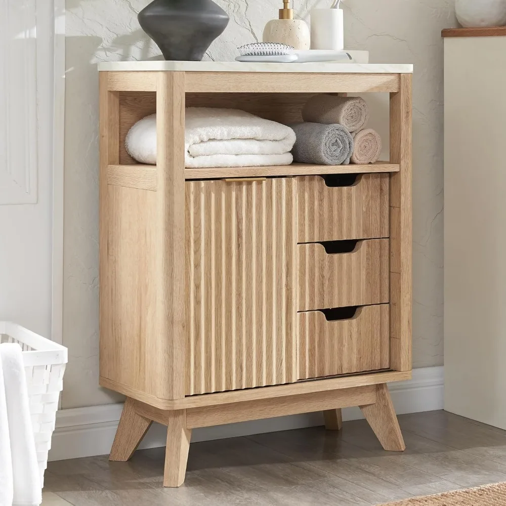

Bathroom Floor Cabinet with Sliding Door, Modern Fluted 3 Drawers Storage Organizer w/Adjustable Shelf and Faux Marble Top