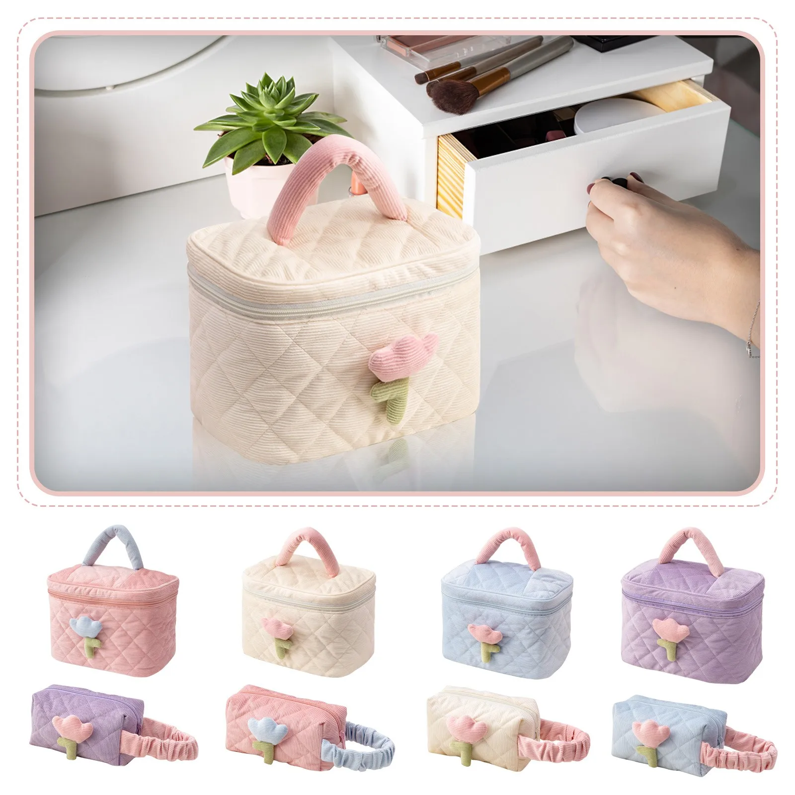 1 Set Solid Color Flower Makeup Bag Set Zipper Large Soft Corduroy Cosmetic Bag Female Travel Make Up Beauty Case Set