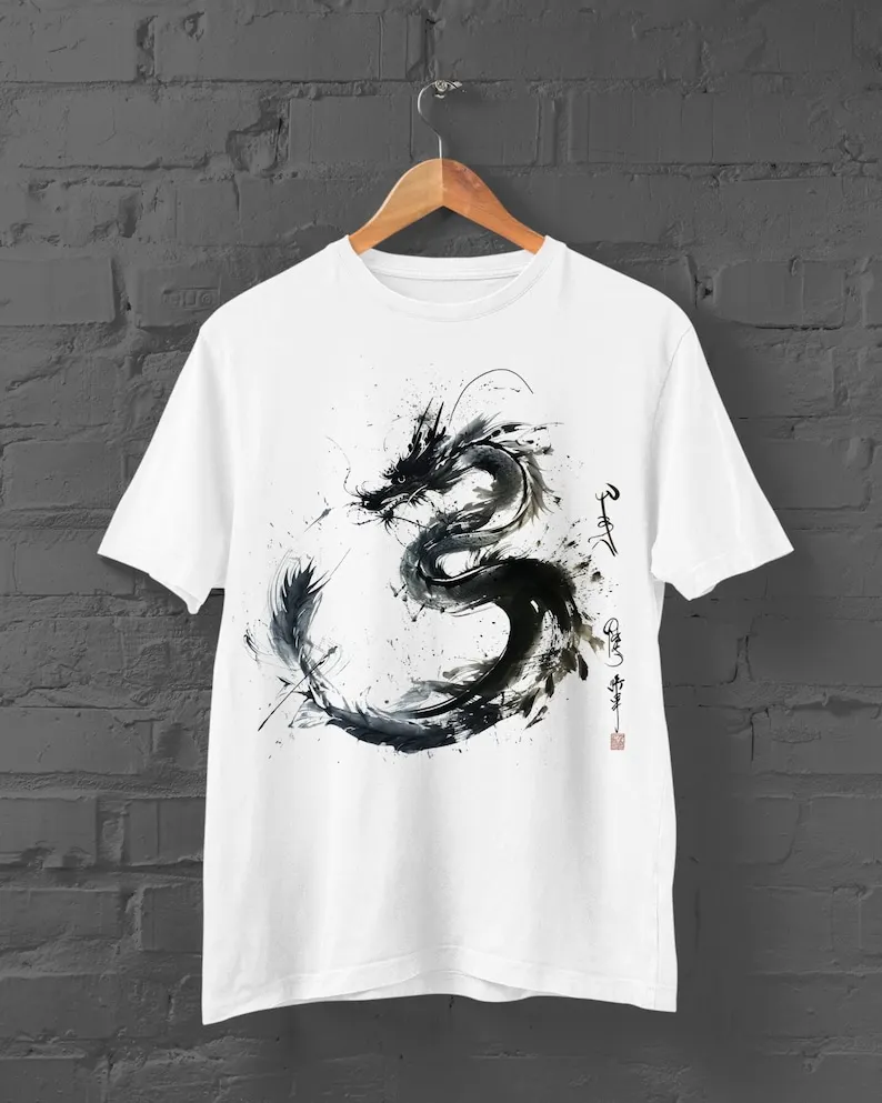 

Чернильная футболка с рисунком дракона, футболка с принтом канцзи, женская рубашка из аниме, одежда в японском стиле Японская уличная одежда Y2K