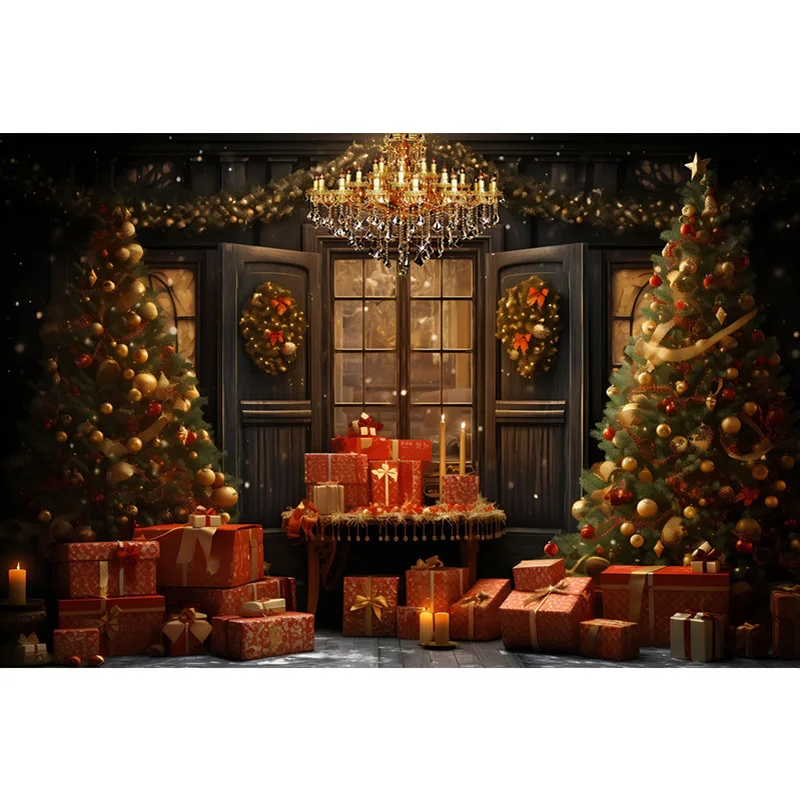 Mocsicka-Fond de photographie de Noël d'hiver, cadeaux de fenêtre, arbre de Noël scintillant, décor de portrait de famille pour enfants, toile de fond de studio photo