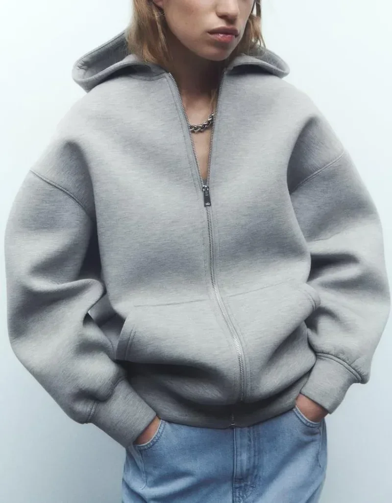 Autumn Winter Warm Long Jacket with Hood Long Sleeve Big Pocket Zipper Gray Bomber Jacket Y2k Women Casual Outerwear Coat Tops