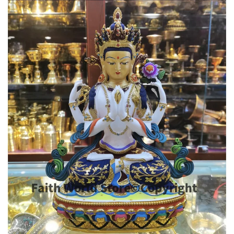 31cm large TOP grade color Painted copper Four-armed GUANYIN Bidhisattva Buddha HOME Temple Worship efficacious protection