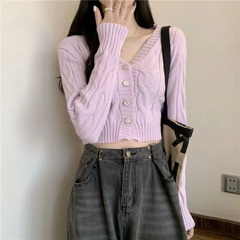 Cardigan Women Knitwear Autumn New Arrival V-neck Cropped Solid Sweater Twisted Clothing Harajuku Daily Chic All-match Aesthetic