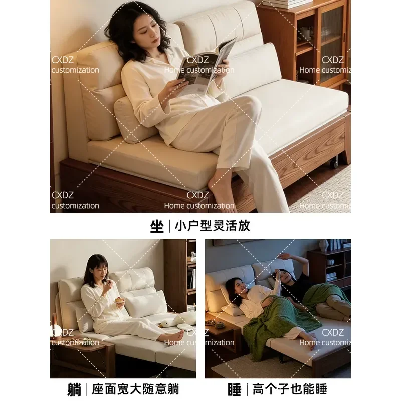 Medieval Style Red Oak Folding Sofa Bed Double Household Foldable Couch for Small Apartment Space Saving Furniture