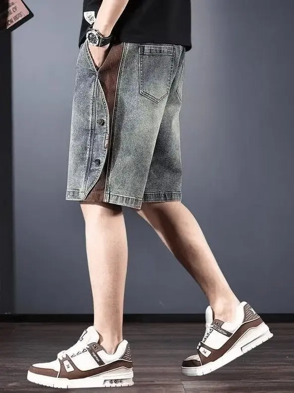 

Retro Waist Elastic Waist Denim Shorts Men's Wide Leg Mid-Pants Summer Thin American Loose Casual Wear-Resistant Five-Point P...