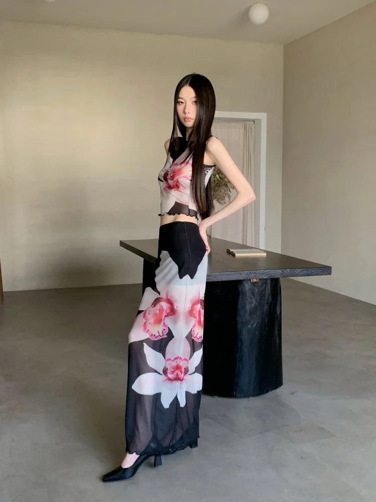 CHEERART Rhinestone Floral Mesh 2 Pieces Set For Woman 2025 Summer Outfit Sleeveless Crop Top And Long Maxi Skirt Matching Sets image 5