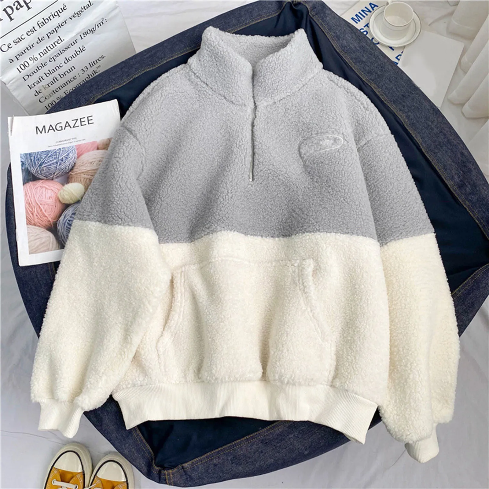 Women Half High Collar Hoodless Sweatshirt Autumn Winter Warm Plush Thickened Hoodies Pullover Tops Female Plus Size Streetwear