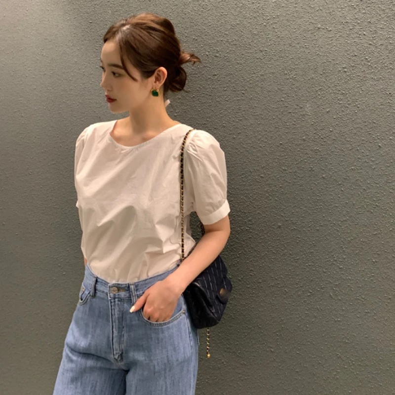 Csa de Manga Curta com Design de Manga Bufante, Csa Bonita com Alça nas Costas, Estilo Coreano, Decote Redondo, Ajuste ...