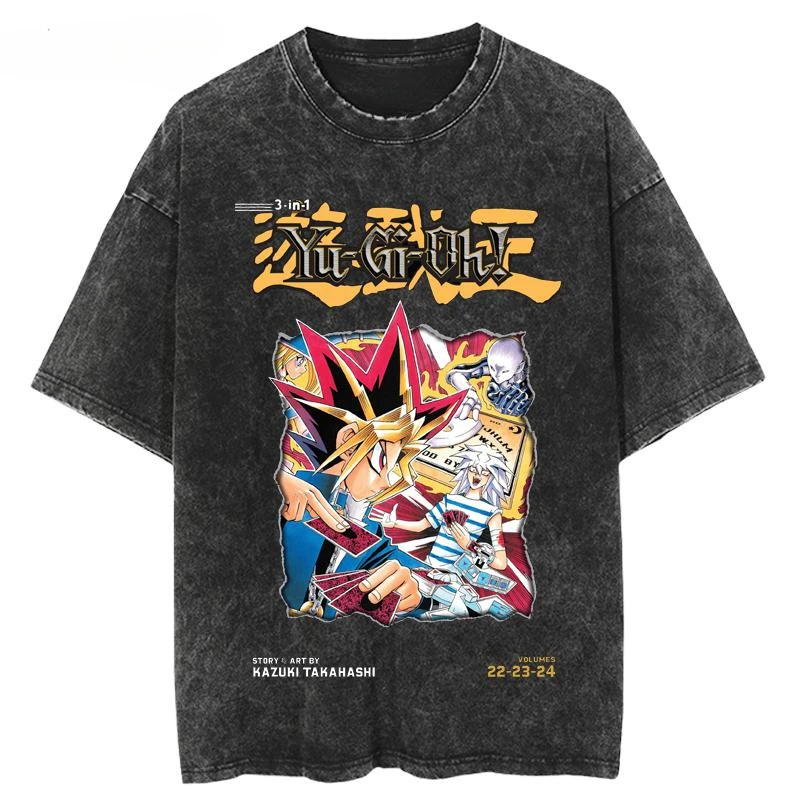 New Summer Japanese Anime Washed-out and Distressed Vintage Short-sleeved T-shirt Cotton Yu-Gi-Oh! Duel Monsters GameKing