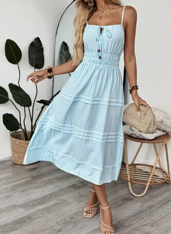 

2026 Summer Vacation Style Striped Strap Dress Square Neck French Sleeveless Skirt