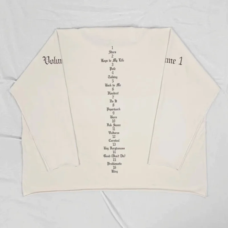 Oversized Kanye Vultures Long Sleeve Tshirts Album Cover Sanskrit Alphabet Sweatshirts American Hiphop Street Men Women Tops