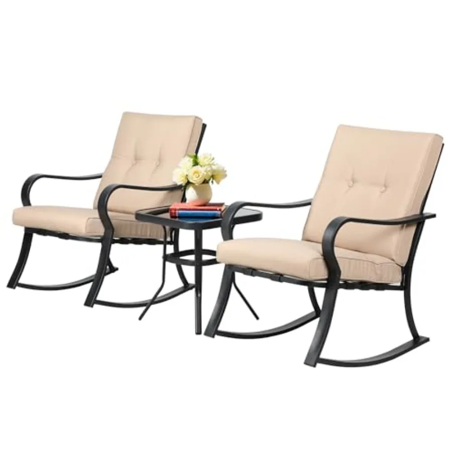 SUNCROWN Outdoor 3-Piece Rocking Chairs Patio Bistro Set Black Steel Furniture with Thickened Cushion and Glass-Top Coffee Tabl