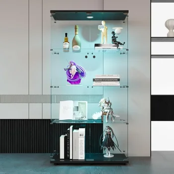 Image Display Cabinet, 64.5" H 4-Shelf LED Lights Glass Display Cabinet with Double Door, Modern Curio Cabinet Collection Display Case