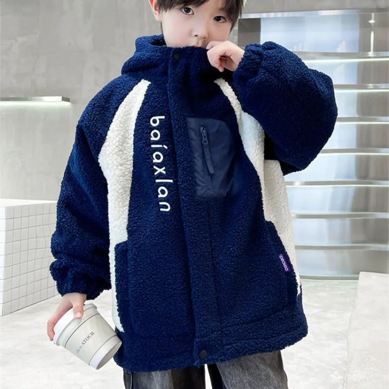 

Boys' Winter Thickened Knitted Coat 2025 New Style Thickened Flannel Hoodie for Big Kids, Trendy Winter Outerwear