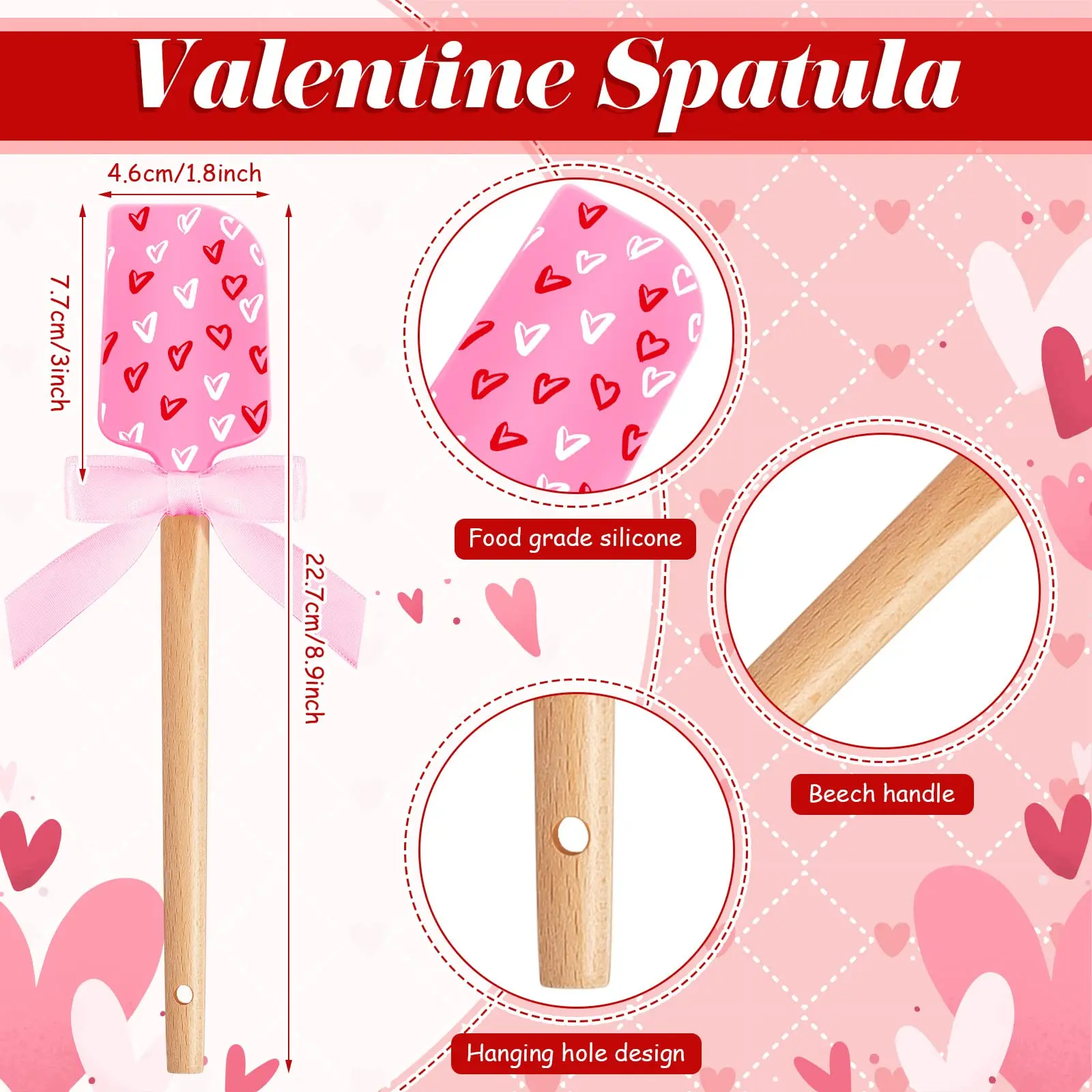 IK 3PCS Valentine Silicone Spatula with Wooden Handles Heat Resistant Cake Spatulas Cream Scrapers for Baking Cooking Sauteing