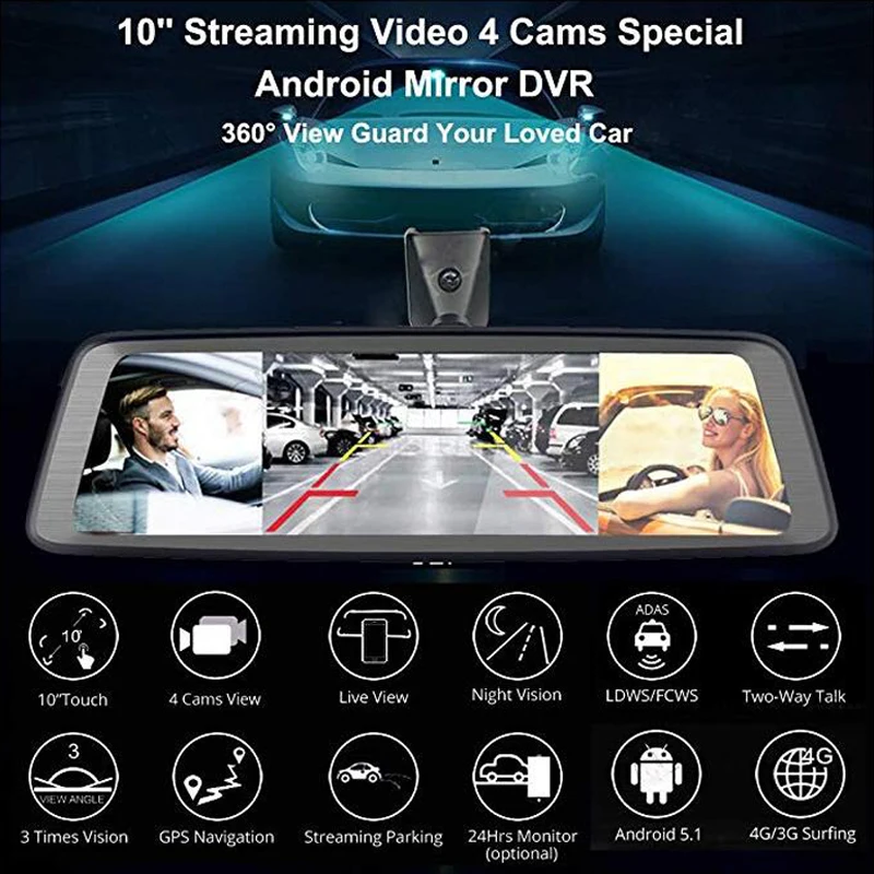 10 Inch 4g Wifi Night Vision 360 Degree 3g Vehicle Car Mirror Dash Cam with GPS and Speed