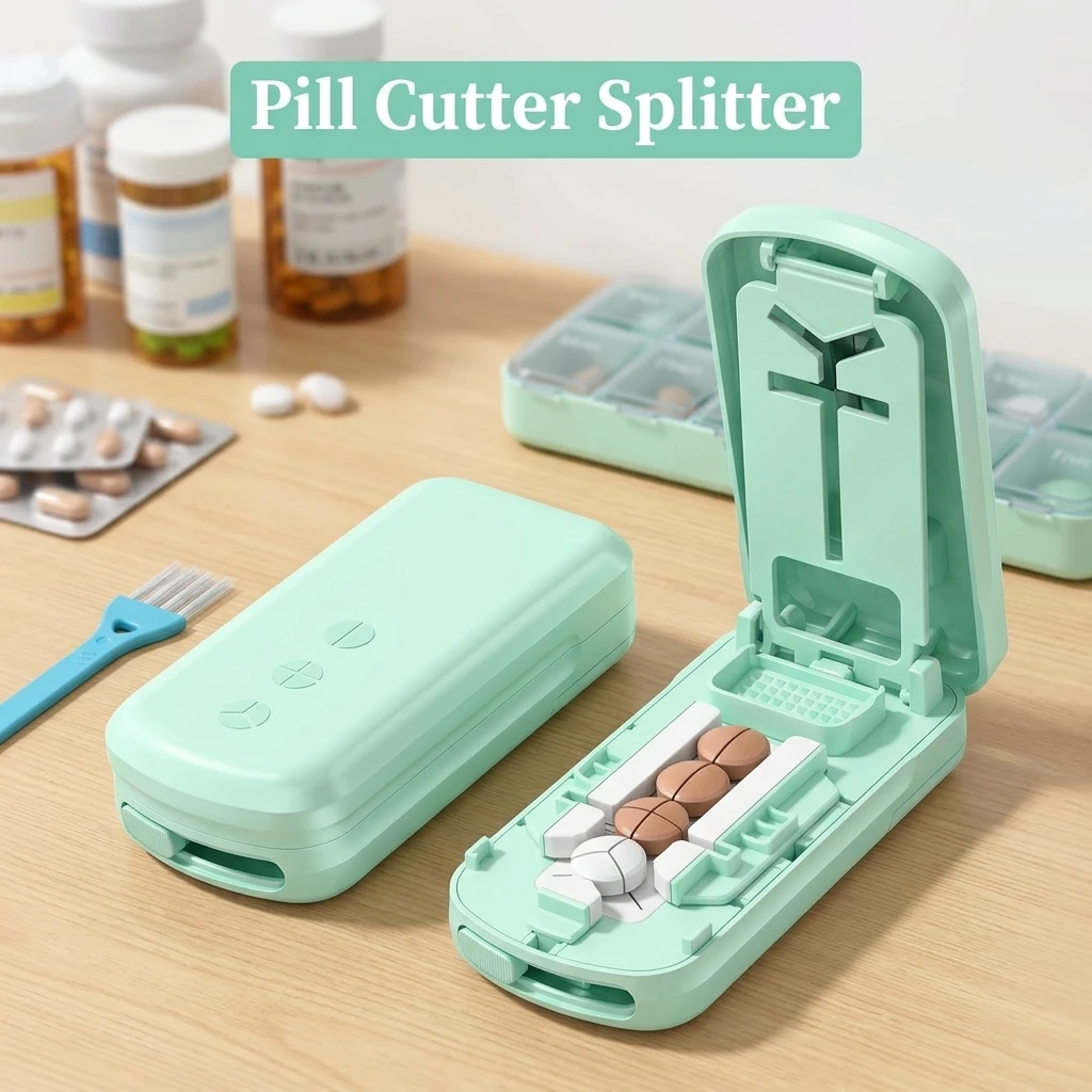 Pill Cutter for Tiny Pills, Dual Blades, Adjustable Slot, Cuts 1/2 1/3 1/4, Built-in Storage, Portable, Senior-Friendly, Green