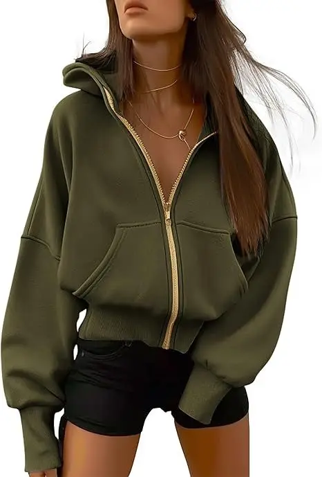 

Women's Autumn Winter New Solid Color Zipper Long Sleeve Short Hoodie Casual Loose Sports Hooded Coat Fashionable Streetwear