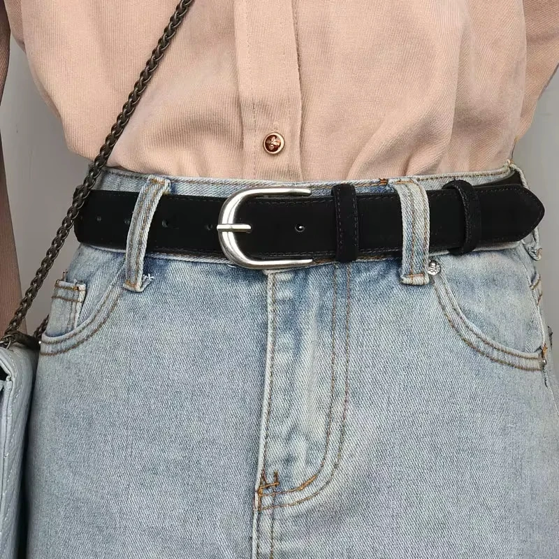 

New women's luxury belt, retro red belt, fashionable and simple cowhide suede belt, silver alloy buckle belt