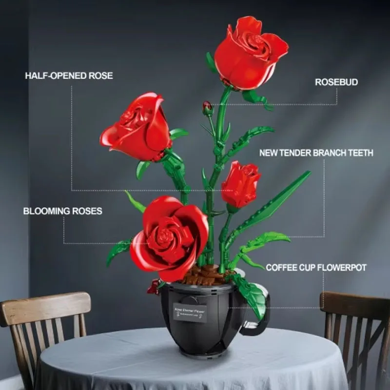 Gesimuleerde Koffiekopje Rose Model Bouwstenen Set Gemonteerd Plant Pot Boeket Ornament Bloem Speelgoed MOC Bricks DIY Meisje Geschenken