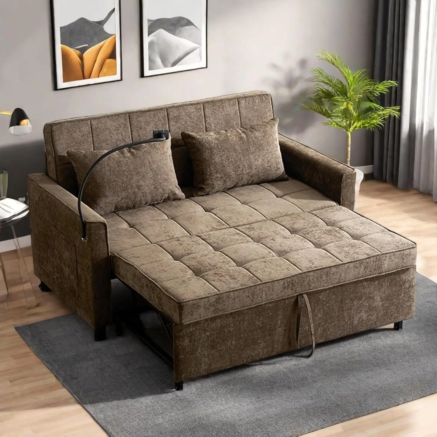 Pull-Out Sofa Bed, Sleeper Sofa With A Reversible Backrest Cushion, 56.9