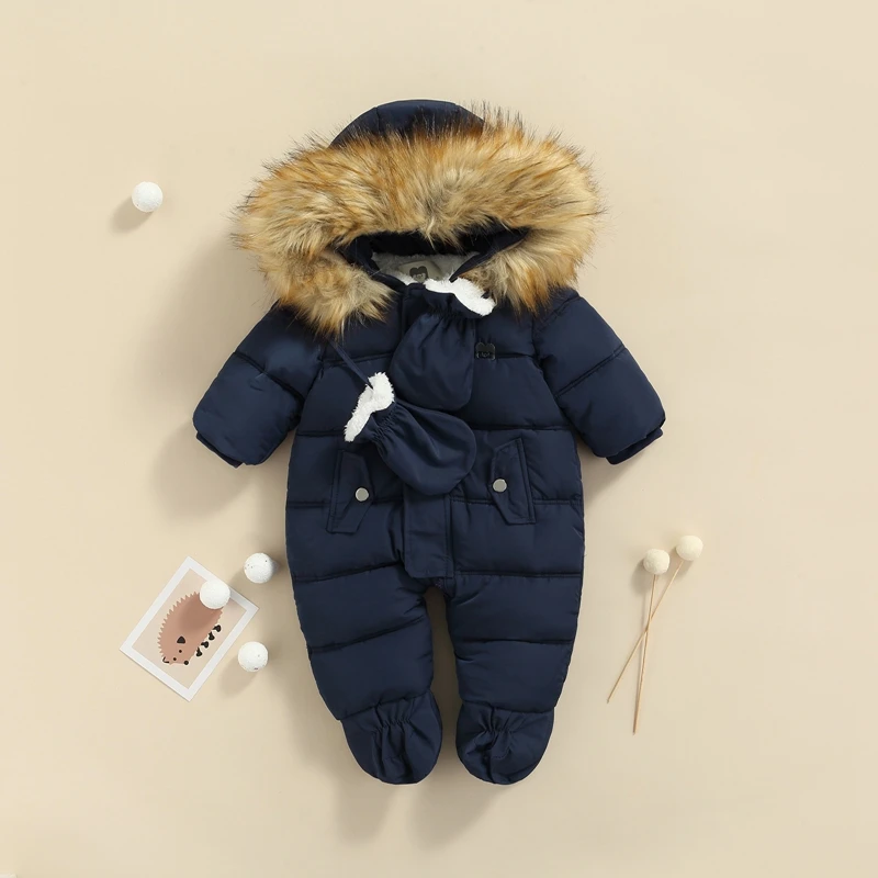 

Toddler Fleece-lined Snowsuit with Detachable Mittens and Booties Infant Winter Coat Hooded Puffer Jacket Footie Jumpsuit for