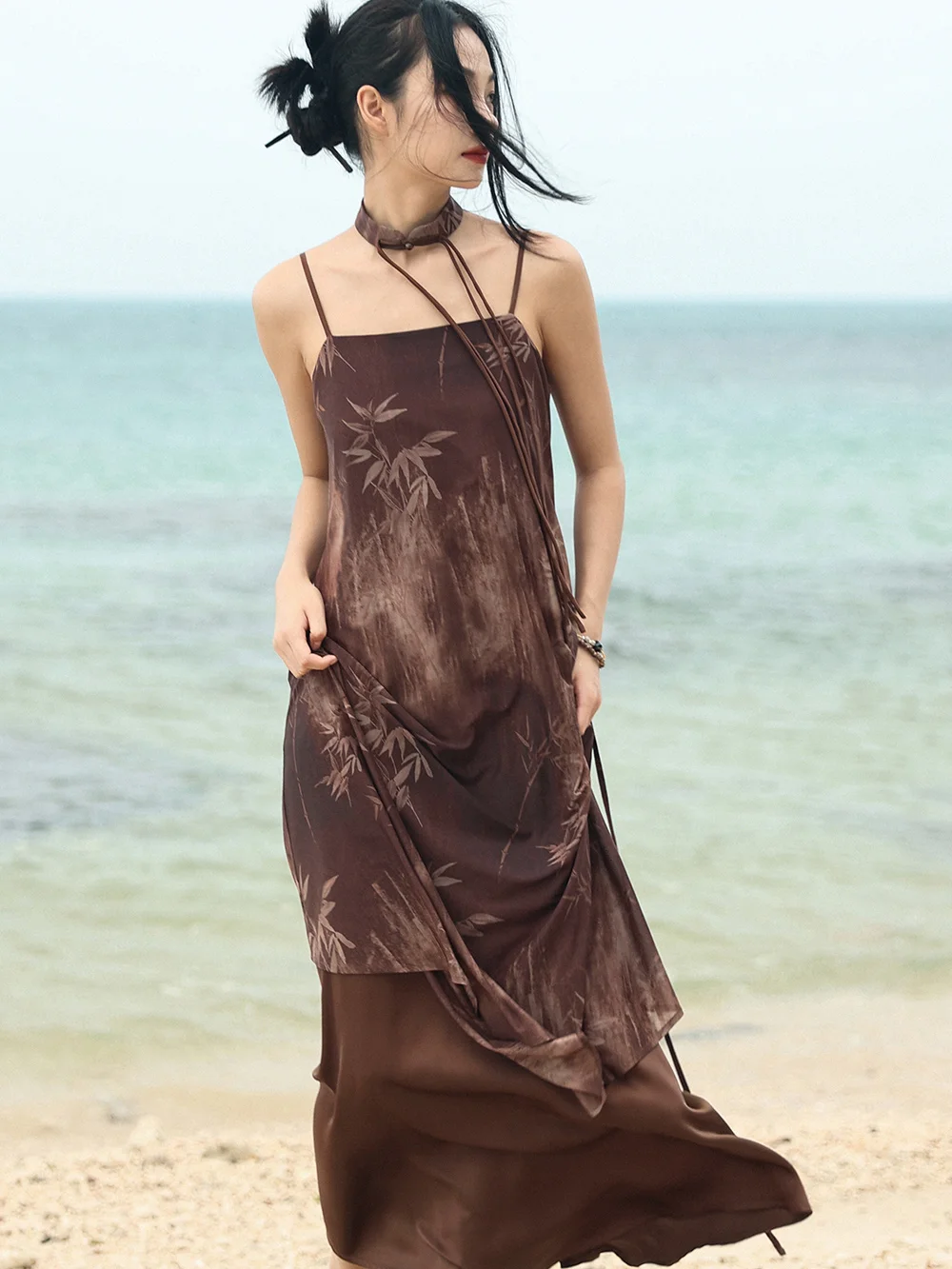 

Chinese Retro Romantic Bamboo Leaf Printed Loose Strap Dress Women