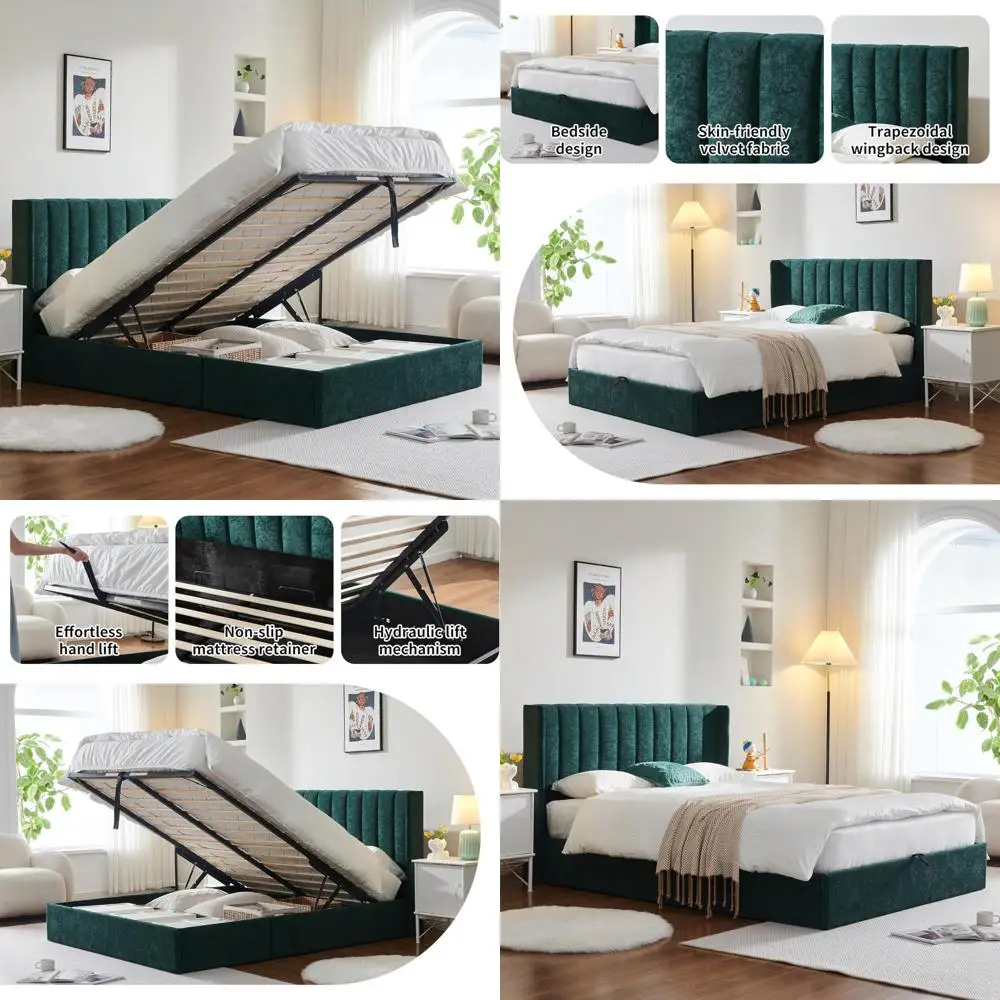 

Modern Velvet Wingback Queen Size Hydraulic Storage Bed with Upholstered Platform Frame