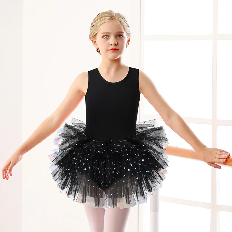 Танцевальная майка-пачка для девочек, балетное танцевальное трико для детей, танцевальная практика с блестящим дизайном и юбкой на промежности