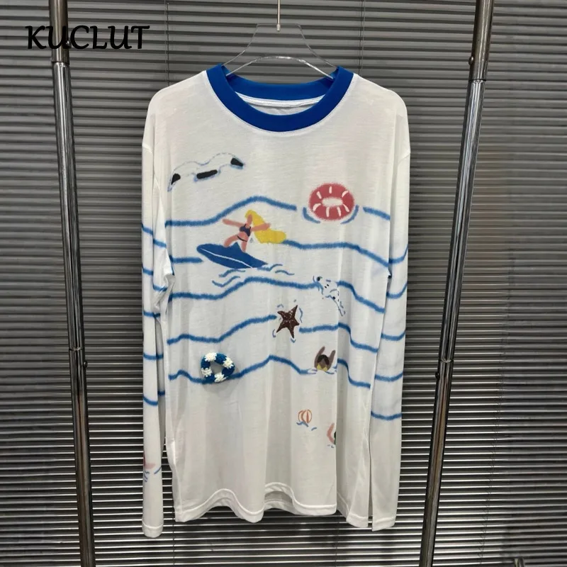 

KUCLUT 2025 Summer New Striped Contrast Color T-shirts For Women Loose Casual O-neck Long Sleeve Tops Female Trendy 1A341