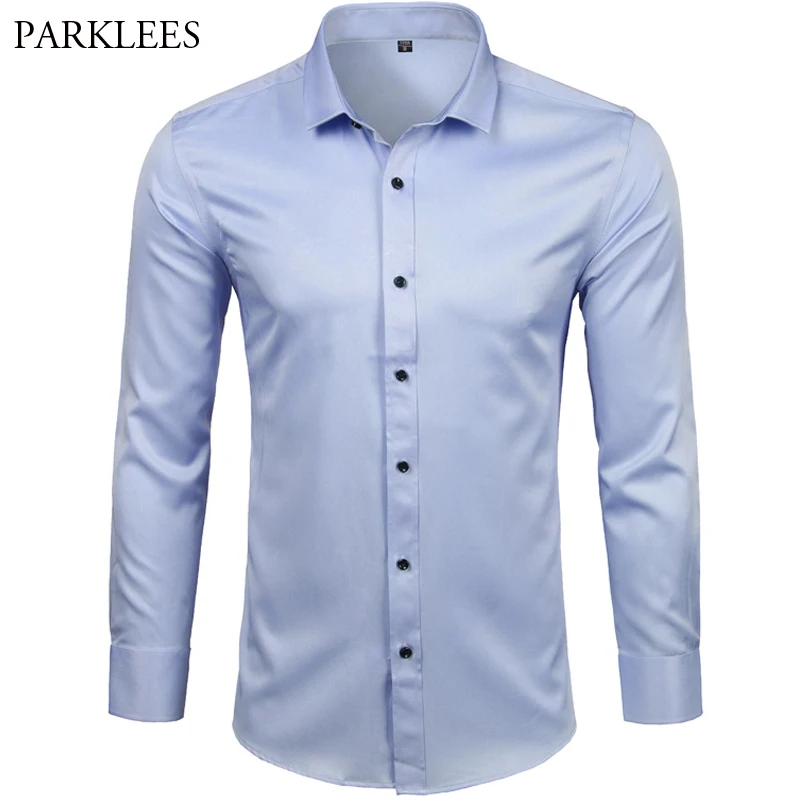 Men\'s Dress Shirts Casual Slim Fit Long Sleeve Male Social Shirts Comfortable Non Iron Solid Chemise Homme Blue