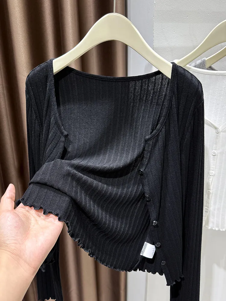 

Тонкий вязаный кардиган из ледяного шелка для женщин, весна-лето, новинка, с длинными рукавами, черный, вязаная накидка, верхняя одежда
