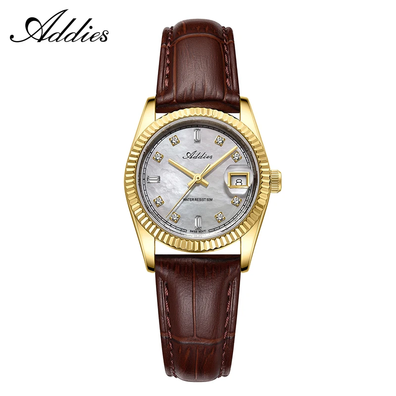 

Женские часы ADDIES, роскошные, 28 мм, с чешскими стразами, механизм 585, кварцевые, водонепроницаемые (5 бар), кожаные, модные, новые.