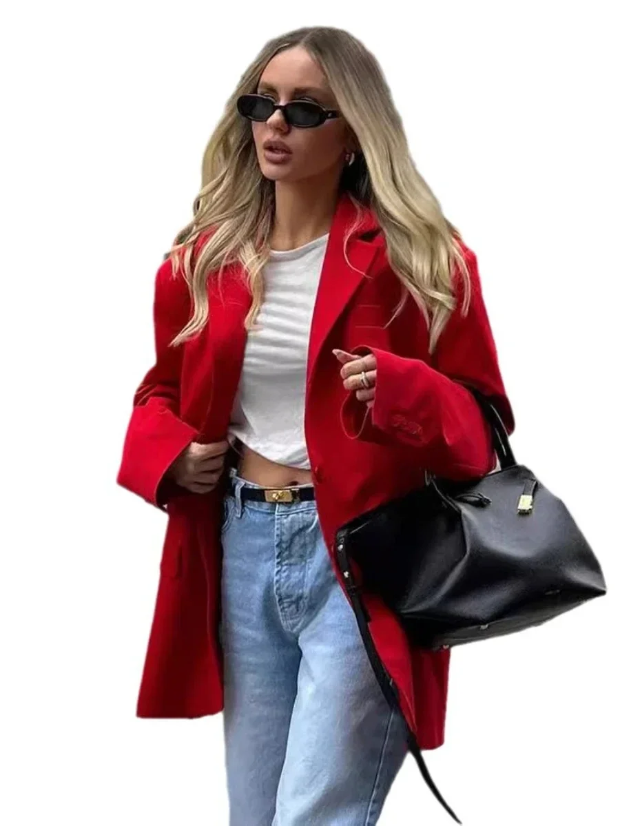 Bornladies Women\'s Red Suit Temperament Shoulder Pads Loose Coat Collar Pocket Casual Cardigan Fashion Office Ladies Suit Jacket