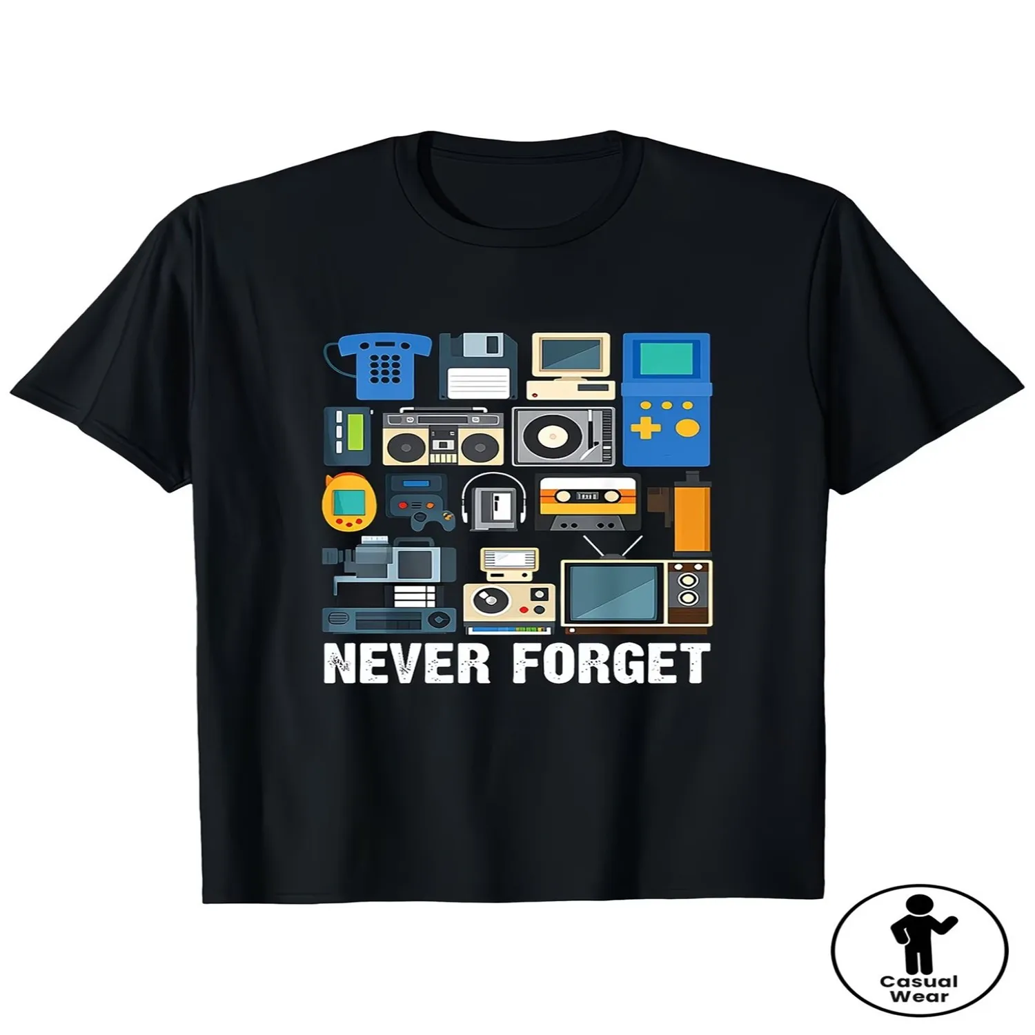 Summer New Men'S Casual T-Shirt Never Forget Vintage Electronic Print Men'S Short Sleeve T-Shirt Classic Old Electronics Game Console Print Round Neck Casual Top 90S Nostalgic Black Casual Versat lightweight tshirt, unisex t-shirt