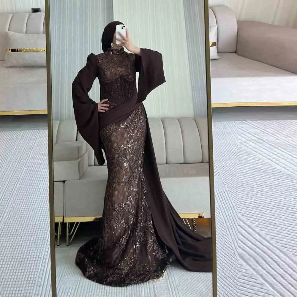 Maßgeschneidertes Funkelndes Muslimisches Abendkleid Glockenärmel Korsett-Taille Hijab Formelles Kleid Braunes Pailletten-Spitzenkleid Dubai Party Vestidos
