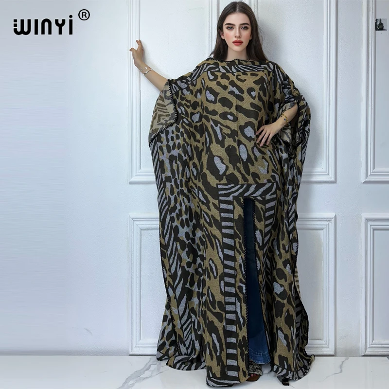 

WINYI leopard print high fork winter long down dress loose kaftan party dresses robe African Women Caftan abaya dubai luxury