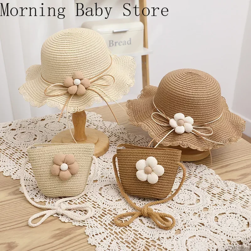 Fashion Flower Kids Girls Summer Caps Children Sunscreen Sun Hat Straw Hat Bag for Beach Baby Accessories for 2-8 Years Kids