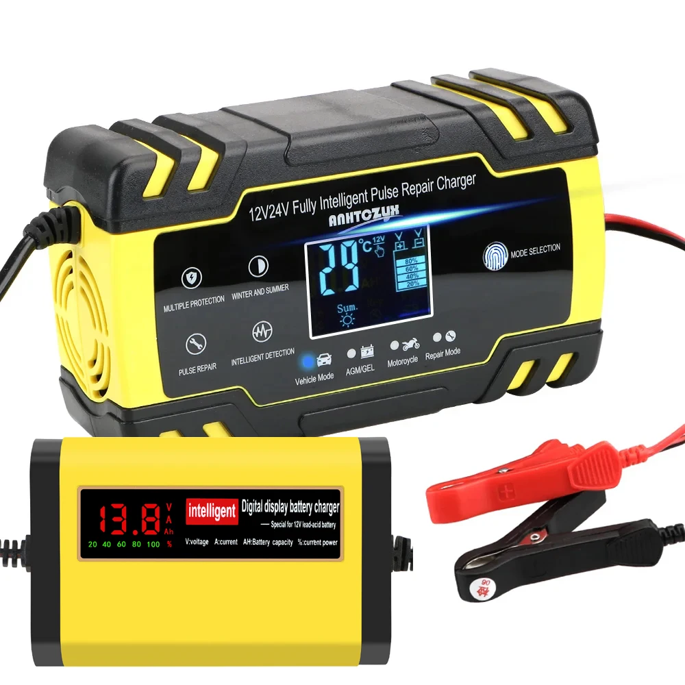 Chargeur de batterie de voiture, prise ue US UK 12V 24V, batterie au plomb, outils de réparation d'impulsions, accessoires intelligents numériques pour Automobile et moto