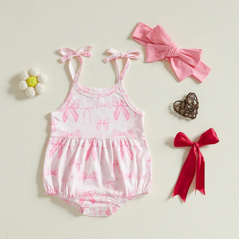 Baby Girl Bow Print Romper Tie Shoulder Round Neck Sleeveless Bodysuit with Solid Color Headband 2 Pcs Set