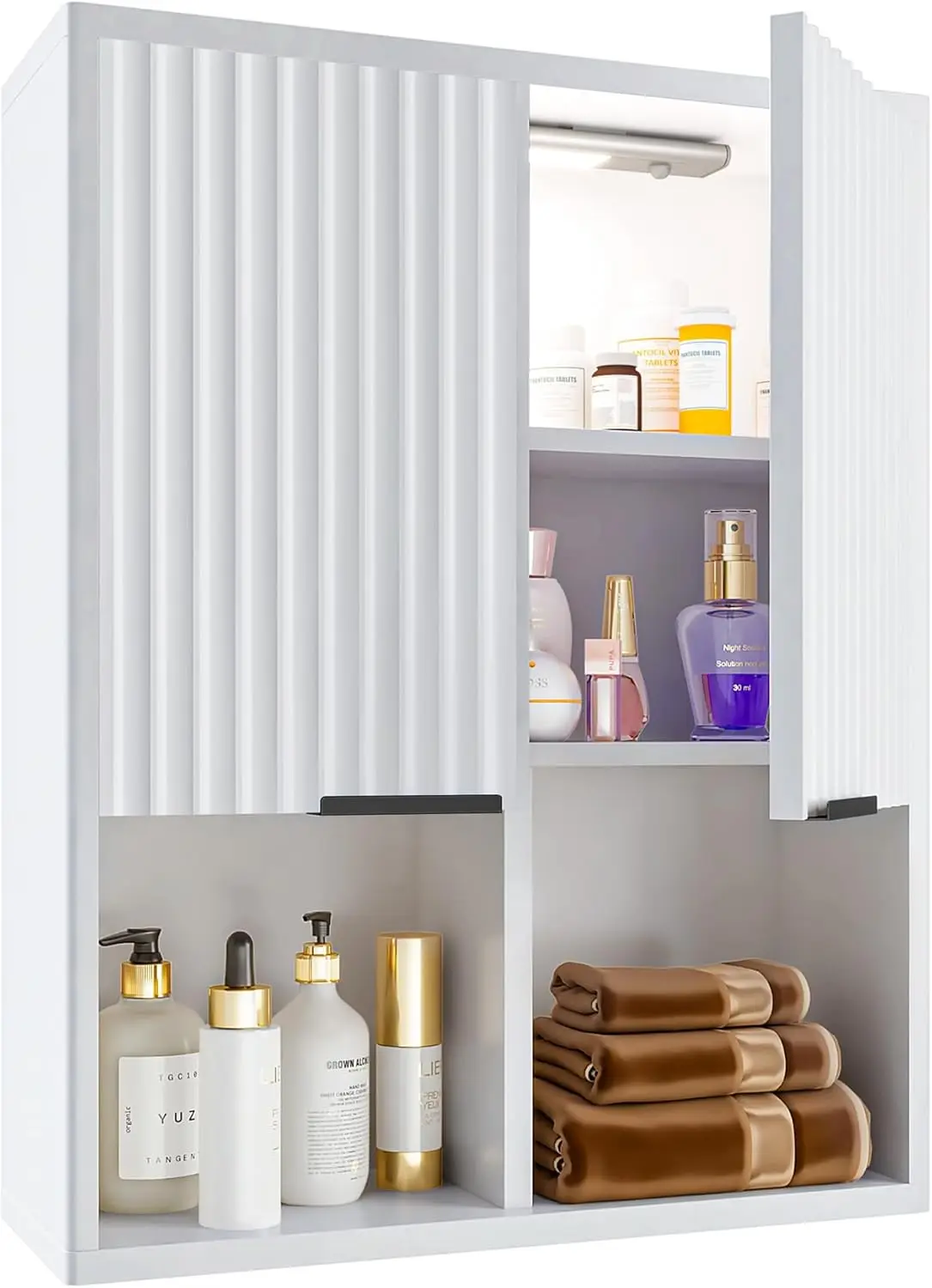 Fluted Bathroom Wall Cabinet with Motion Sensor Light, Curved Profile Wooden Medicine Cabinet Wall Mounted Cupboard,Modern White