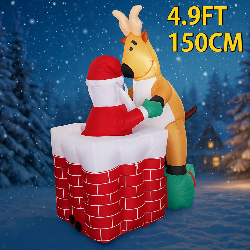 

4.9FT Xmas Inflatable Toy Yard Decorations Santa Reindeer Chimney LED Lit Christmas Home Decoration Festive Ornament Xmas Gifts