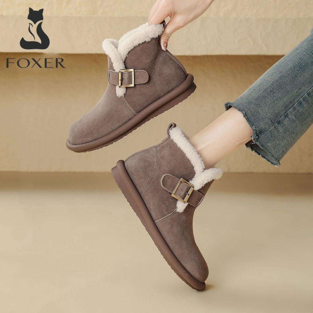 FOXER Brand Leather 2026 Autumn Winter Women Shoes Casual Flat Shoes Ladies Soft Fashion Warm Plush Slip on Female Cotton Shoes