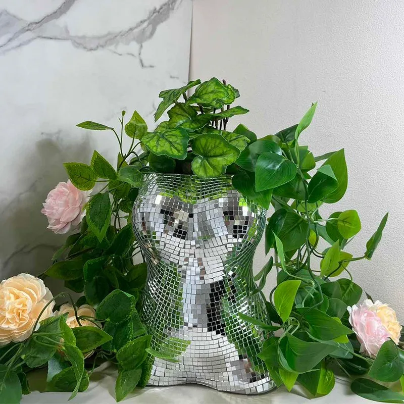 Disco Mirror Mosaic Vase Plant Pot Art Sculpture Flower Pot Silver Mirror Human Body Planter Ornament Home Decoration Gift