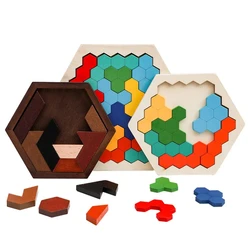 Madeira Hexagonal Tangram Board, brinquedos educativos para crianças, pré-escolares, jogo cerebral, teste de QI, presentes Montessori