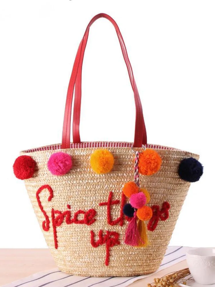 Women Summer Beach Bag With Hairball Tassel Lady Large Tote Letter Messager Bag Girl Hoilday Rattan Handbag C97