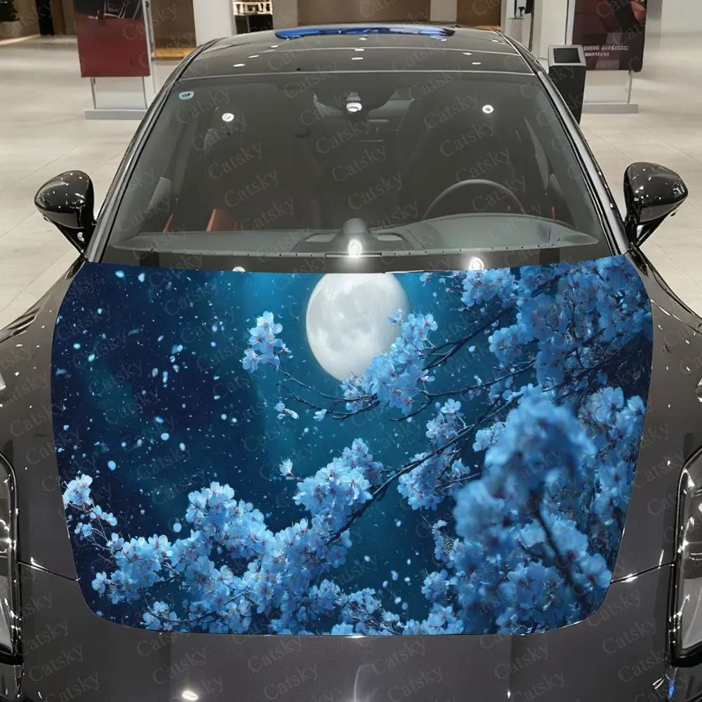 

Deep Blue Floral Realm Full Moon Car Vinyl Wrap, PVC Waterproof Car Hood Sticker, Self-Adhesive Scratch-Resistant Stickers